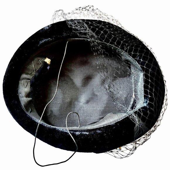 Vintage Black Velvet Satin Pillbox Hat Veil 1950s 60s Cocktail Formal main image 11